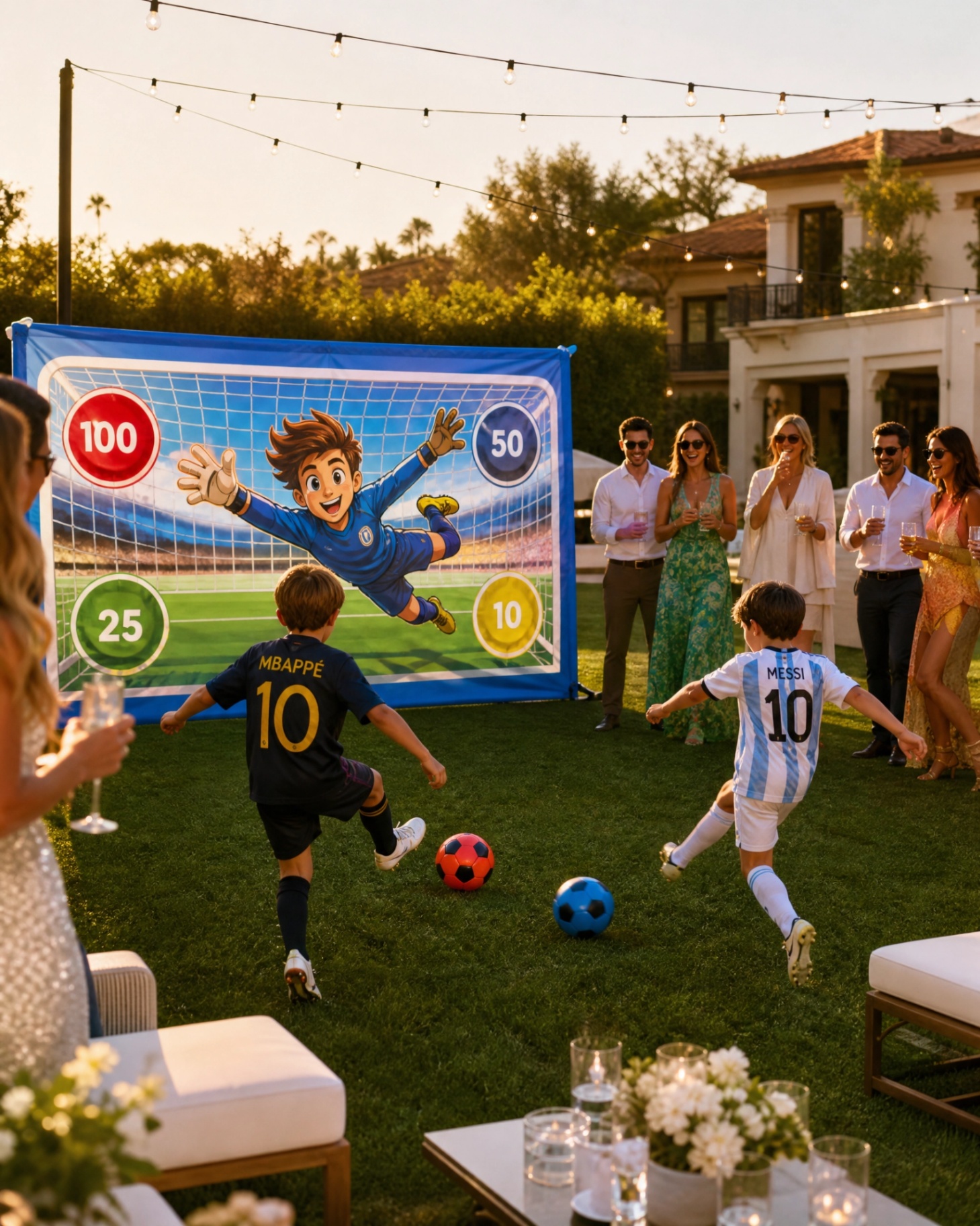Children in Messi and Mbappé jerseys playing a shooting-target game on the lawn at sunset