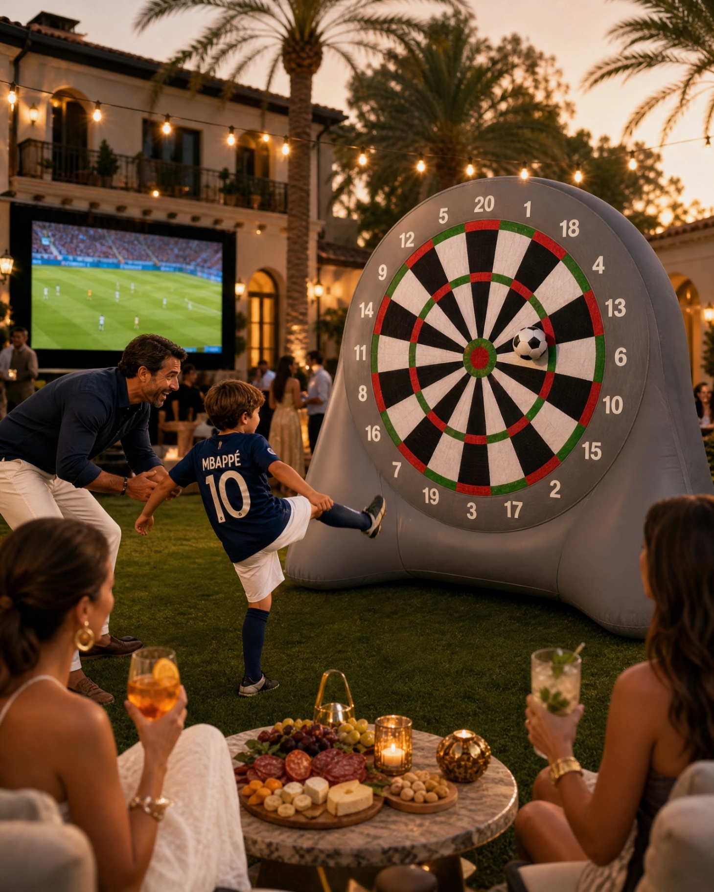 Child in a Mbappé jersey kicking a soccer ball at a giant inflatable soccer dartboard at a family gathering