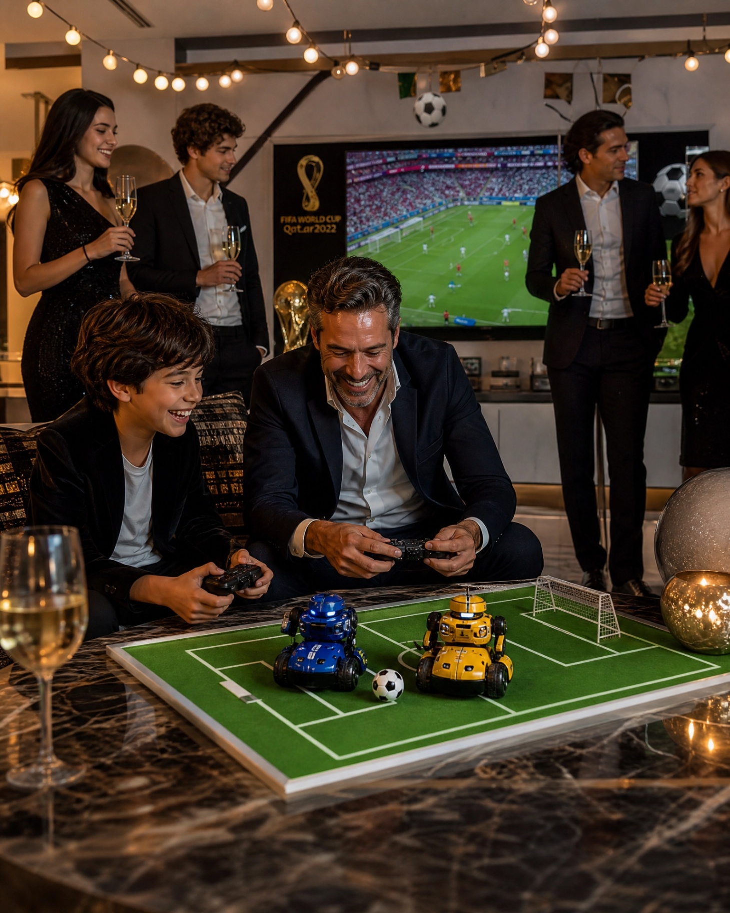 Father and son playing tabletop RC soccer robots at a formal viewing party