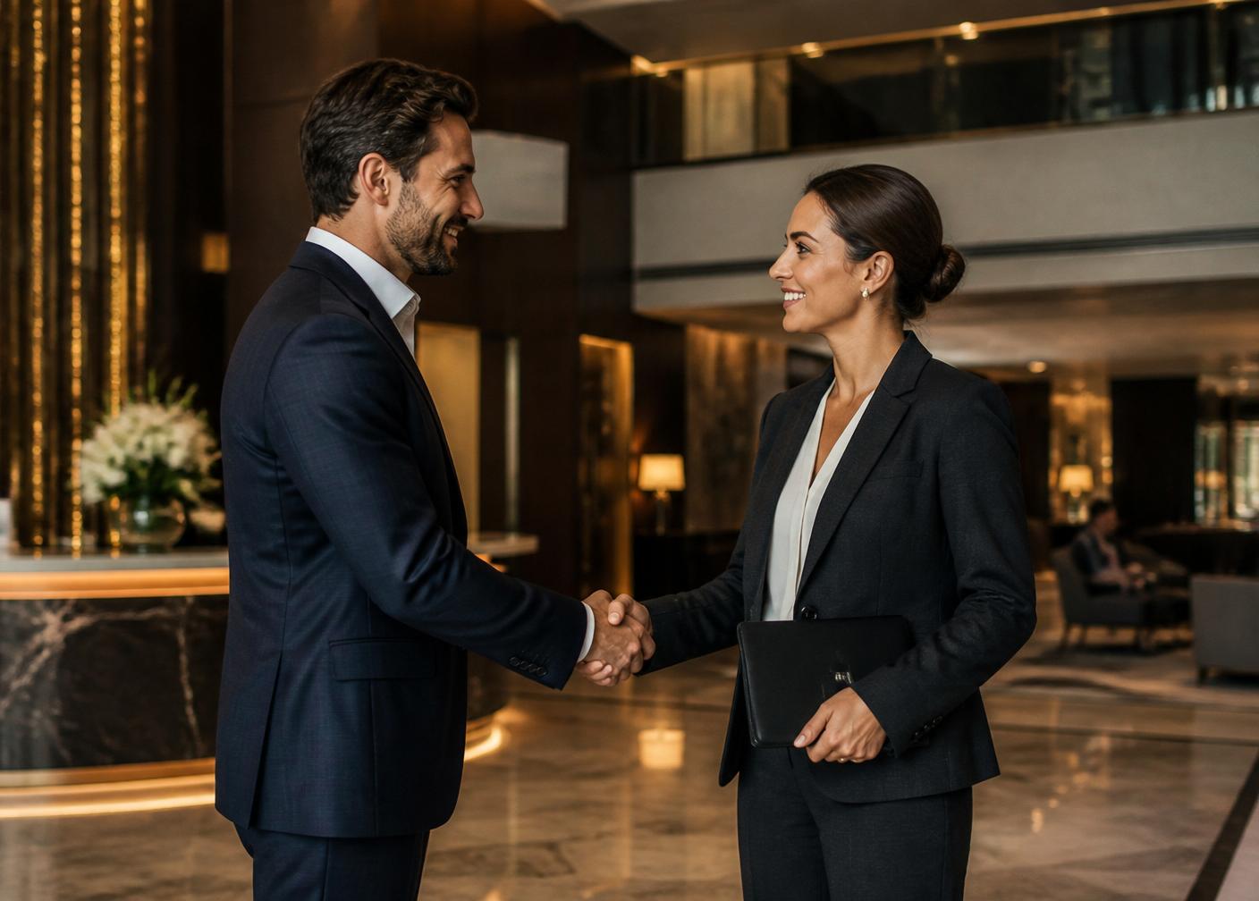 Two professionals meeting in a luxury hotel lobby