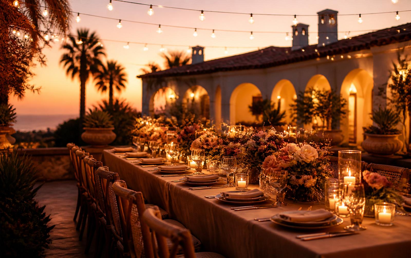 A candlelit estate table set at golden hour